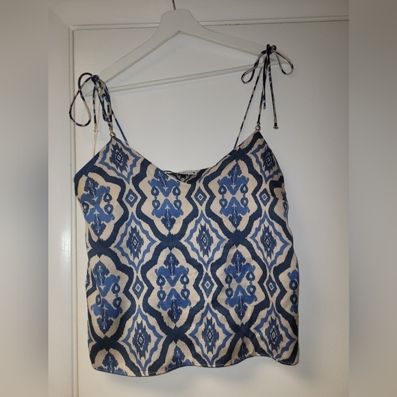 Zara Satin Silky Abstract Print Joggers And Tied Top Set In Cream & Blue Size S - Picture 12 of 16